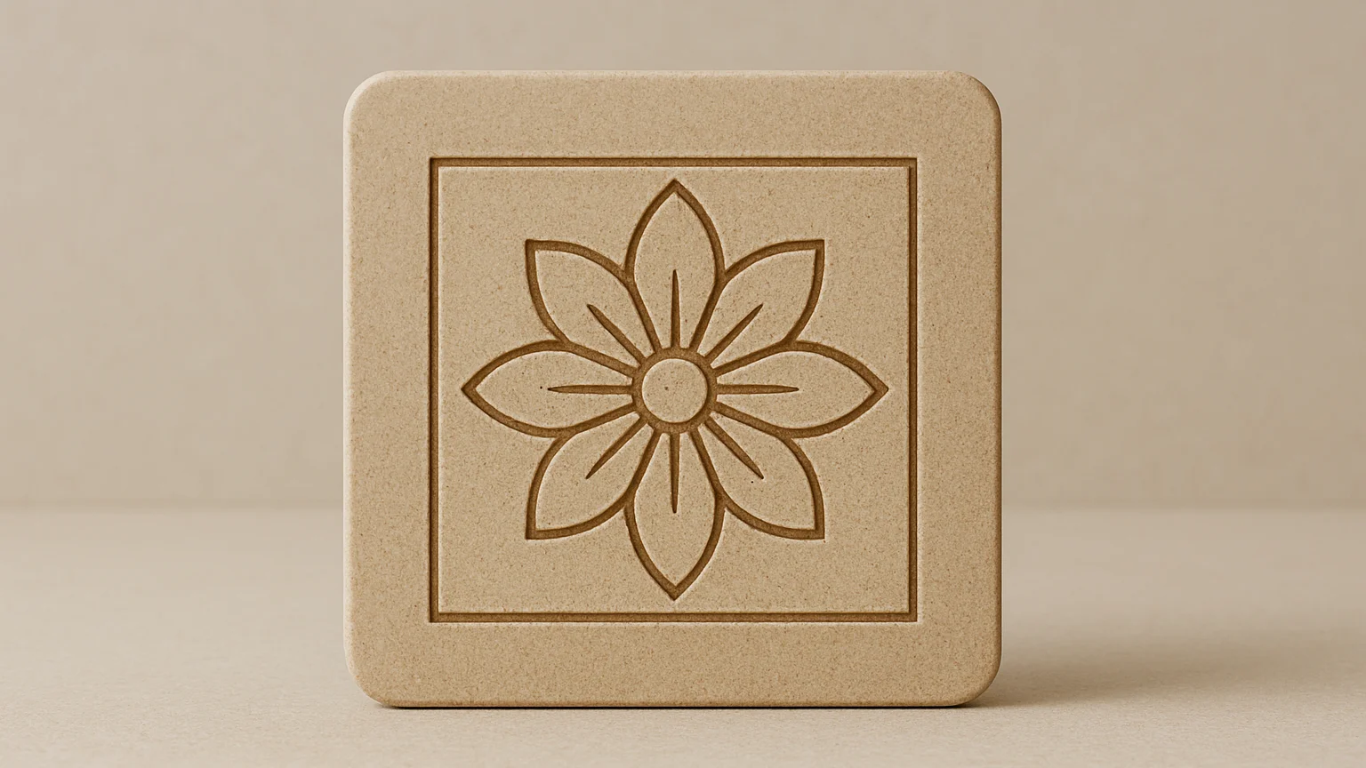 Square studio product photograph of a laser-etched product on a n